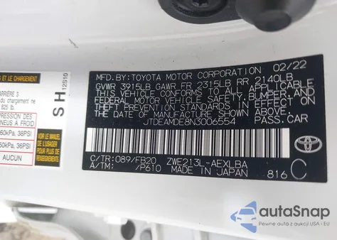 2022 Toyota Corolla Hybrid Le из США, поврежденный, VIN JTDEAMDE8N3006554